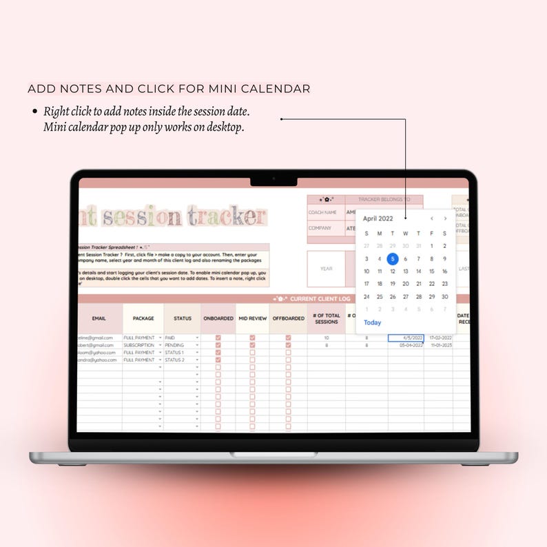 Client Session Tracker Spreadsheet for Coaches, CRM, Client Management ...