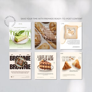 May include: A collection of six bakery-themed Instagram post templates. The posts feature images of baked goods like matcha cake, bread, brownies, and croissants. Text includes "Save the Date," "Brownie," and "A Slice of Love."
