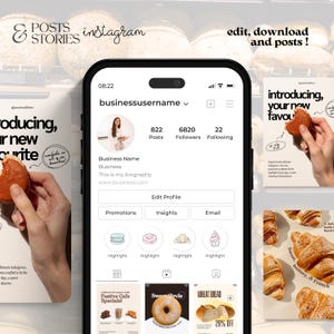 May include: Instagram post template featuring a phone displaying a business profile with bakery-themed highlights. The image includes text: "Introducing your new favorite" and "Sweet, buttery, & French" with images of baked goods.
