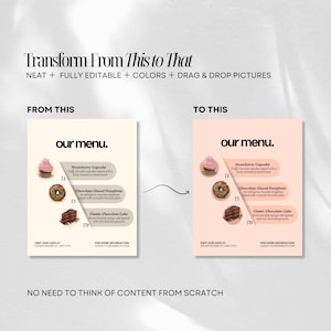 May include: A side-by-side comparison of a cafe menu design before and after editing. The "before" menu is beige, while the "after" menu is pink. Both menus feature images of a strawberry cupcake, chocolate glazed doughnut, and classic chocolate cake.