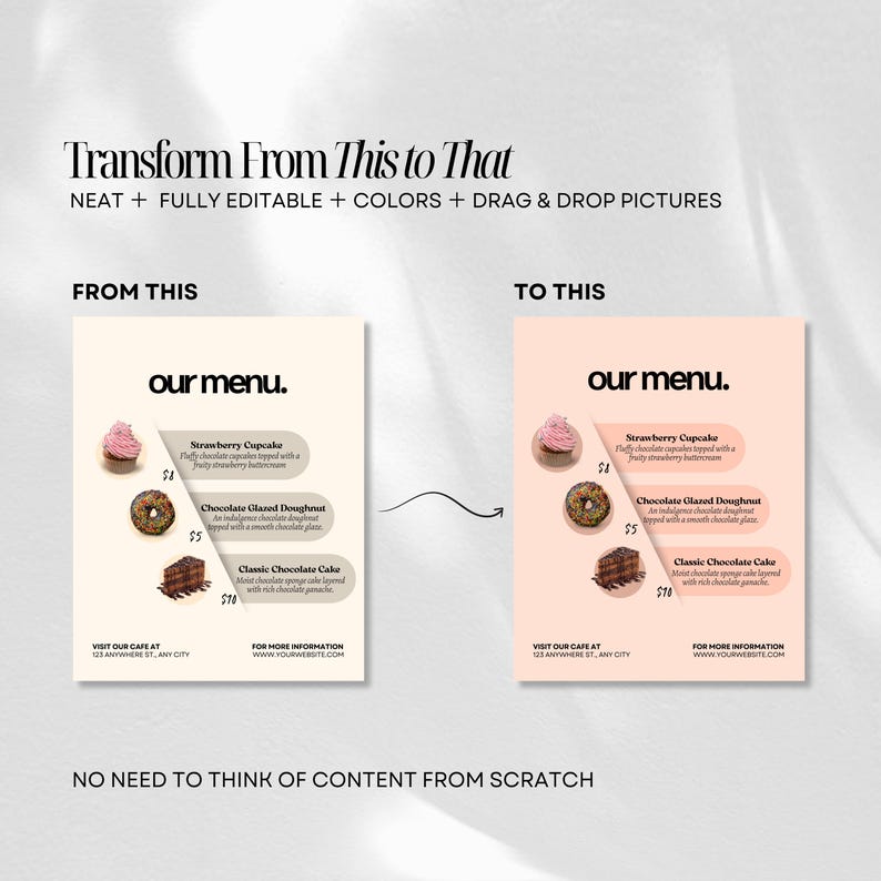 May include: A side-by-side comparison of a cafe menu design before and after editing. The "before" menu is beige, while the "after" menu is pink. Both menus feature images of a strawberry cupcake, chocolate glazed doughnut, and classic chocolate cake.