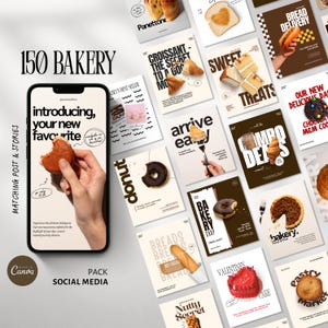 May include: A social media pack with 150 bakery-themed posts and stories. The design features a phone displaying a hand holding a donut, with text that reads "introducing, your new favorite." Other cards showcase pastries like croissants, cakes, and bread.