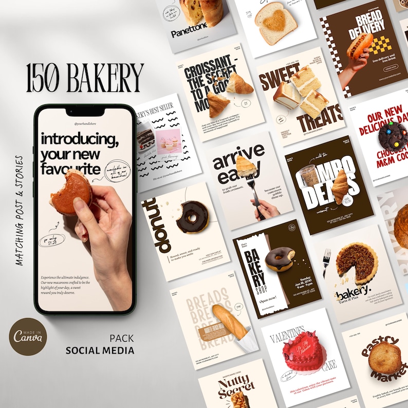 May include: A social media pack with 150 bakery-themed posts and stories. The design features a phone displaying a hand holding a donut, with text that reads "introducing, your new favorite." Other cards showcase pastries like croissants, cakes, and bread.