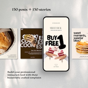 May include: A promotional image showcasing Instagram templates for food businesses. The design features mockups of Instagram posts and stories with images of bread, cookies, and desserts. Text includes "Sweet Deal" and "Buy 1 Free".