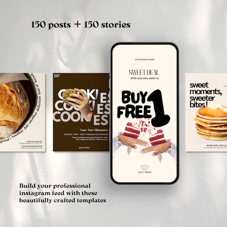 May include: A promotional image showcasing Instagram templates for food businesses. The design features mockups of Instagram posts and stories with images of bread, cookies, and desserts. Text includes "Sweet Deal" and "Buy 1 Free".