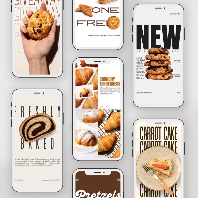 May include: A collection of smartphone screens showcasing baked goods. Images include a scone, croissants, cookies, bread, and carrot cake. Text includes "Giveaway", "One Free", "Freshly Baked", and "New".