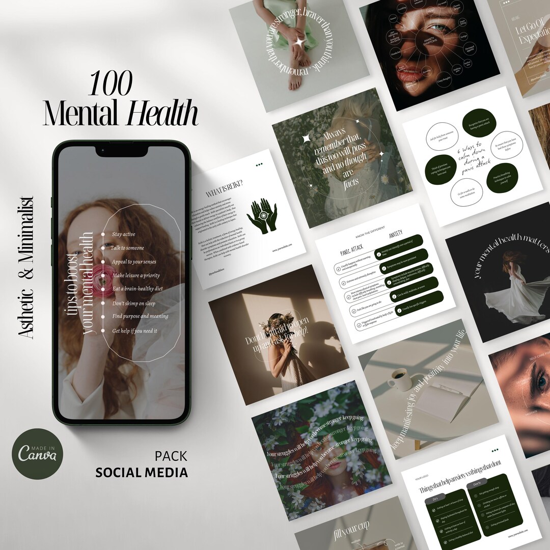 100 Mental Health Instagram Canva Templates -psychotherapy -wellness ...