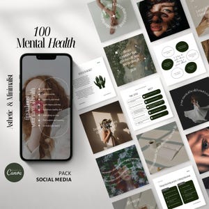Może przedstawiać: Pakiet mediów społecznościowych ze 100 wskazówkami, jak poprawić zdrowie psychiczne. Pakiet charakteryzuje się minimalistycznym stylem w kolorze zielonym i białym. Tekst "Wskazówki, jak poprawić zdrowie psychiczne" jest wyświetlany na ekranie telefonu.