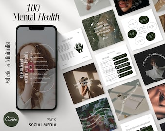 100 plantillas de Canva para Instagram sobre salud mental - Psicoterapia - Plantillas para redes sociales de bienestar y autocuidado - Plantillas de coaching - Terapeuta IG