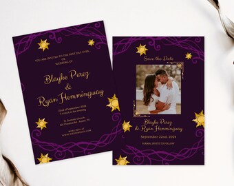 Suite de invitación de boda inspirada en Rapunzel, invitación a fiesta de cuento de hadas, edítela usted mismo, descarga instantánea