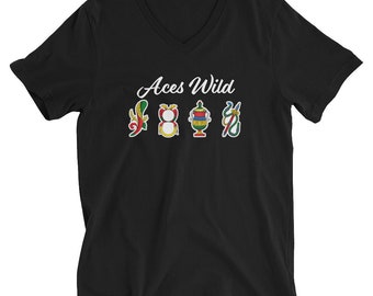 Aces Wild Unisex Short Sleeve V-Neck T-Shirt, Gift for Him, Gift for Her
