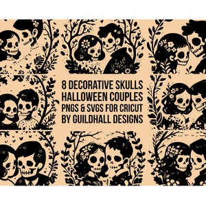 8 Decorative Vector Skull Couples in Floral Frames, PNG, and SVG Files, Cut Files for Cricut and Silhouette Machines