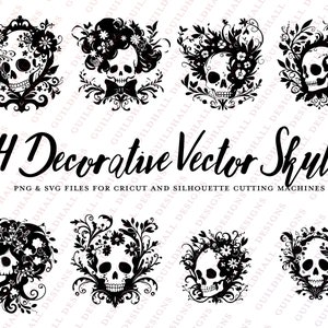 14 dekorative Vektor-Schädel, PNG- und SVG-Dateien, Halloween-Schädel mit floralen Akzenten, geschnittene Dateien für Cricut- und Silhouette-Maschinen