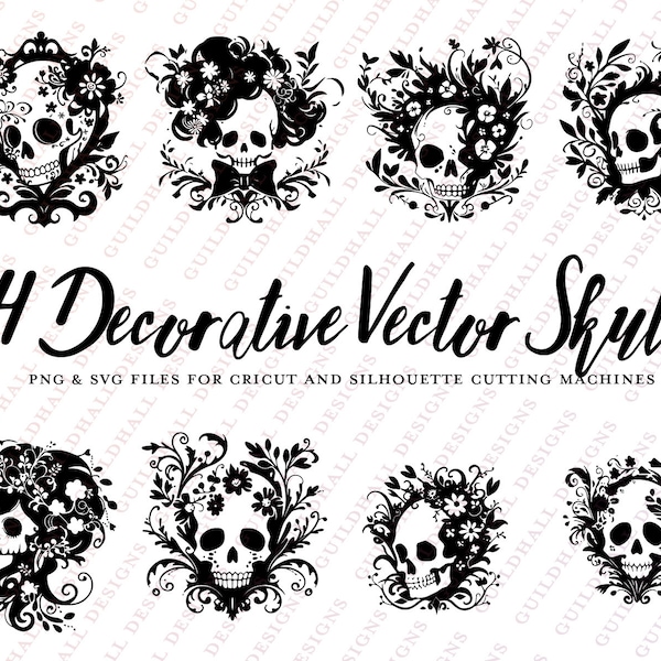 14 Decorative Vector Skulls, PNG and SVG Files, Halloween Skulls with Floral Accents, Cut Files for Cricut and Silhouette Machines