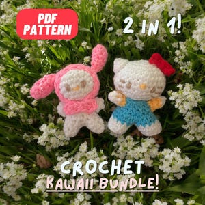 Puede incluir: Dos patrones de amigurumi de crochet, uno rosa y blanco y otro azul y blanco, con el texto "2 en 1! Crochet Kawaii Bundle!" y "PDF Pattern" en la imagen.