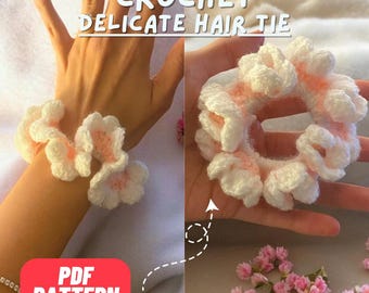 Crochet Scrunchie Pattern, crochet hair tie, pink crochet hair accessory, easy crochet patterns for beginners, delicate hair tie