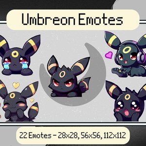May include: A set of 22 digital emoticons featuring Umbreon, a dark-type Pokemon, in various poses and expressions. The emoticons are available in three sizes: 28x28, 56x56, and 112x112 pixels.