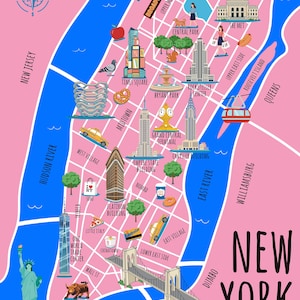 Può includere: Una mappa illustrata colorata di New York City, con monumenti come la Statua della Libertà, l'Empire State Building e il ponte di Brooklyn. La mappa include etichette di testo per quartieri e attrazioni, su sfondo rosa.