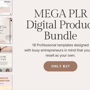 May include: A digital product bundle with 18 professional templates for busy entrepreneurs. The bundle includes planners for marketing, self-care, daily tasks, weight loss, travel, and mental health. The text "MEGA PLR Digital Product Bundle" and "ONLY $27" is displayed on the image.