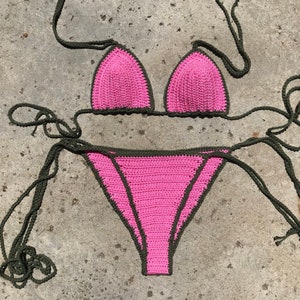 Cleo Crochet Bikini Set, Triangle bikini, Pink and Army Green, Thong image 2