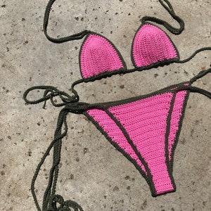 Cleo Crochet Bikini Set, Triangle bikini, Pink and Army Green, Thong image 1