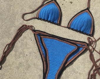 Azraq Crochet Bikini Set, Triangle Bikini, Blue, Brown and Black, Thong