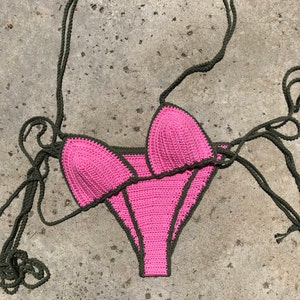 Cleo Crochet Bikini Set, Triangle bikini, Pink and Army Green, Thong image 3