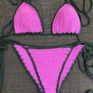 Cleo Crochet Bikini Set, Triangle bikini, Pink and Army Green, Thong image 5