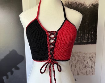 Two-toned crochet top, goth, crop top, alternative festival bralette, lace up front