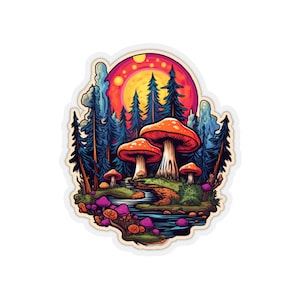 Trippy Mushroom Forest Sticker / Decal , Psychedelic Mushroom Sticker , Trippy Forest Decal , Colorful Laptop Sticker For Mushroom Lover