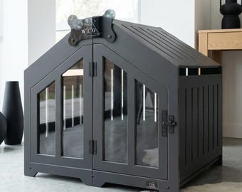 WLO® Onyx Black Gabled Dog Crate | Indoor & Patio Dog Kennel, Luxury Furniture