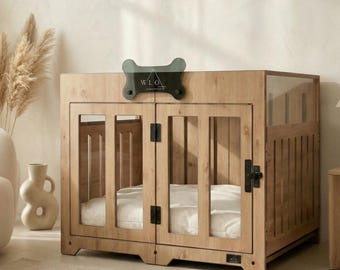 WLO® Natural Oak Pueblo Dog Crate | Indoor & Patio Dog Kennel, Luxury Furniture