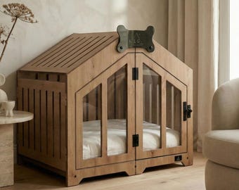 WLO® Natural Oak Gabled Dog Crate | Indoor & Patio Dog Kennel, Luxury Furniture