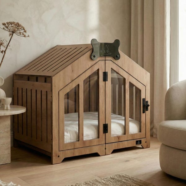 WLO® Natural Oak Gabled Dog Crate | Indoor & Patio Dog Kennel, Luxury Furniture
