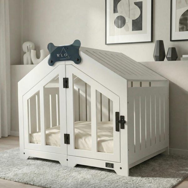 WLO® Pure White Gabled Dog Crate | Indoor & Patio Dog Kennel, Luxury Furniture