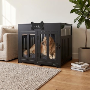 Dog Crate Furniture End Table, Modern Indoor Dog Kennel with Name Tag, Black Pueblo Flat Top Dog House, Small to Large | WLO®