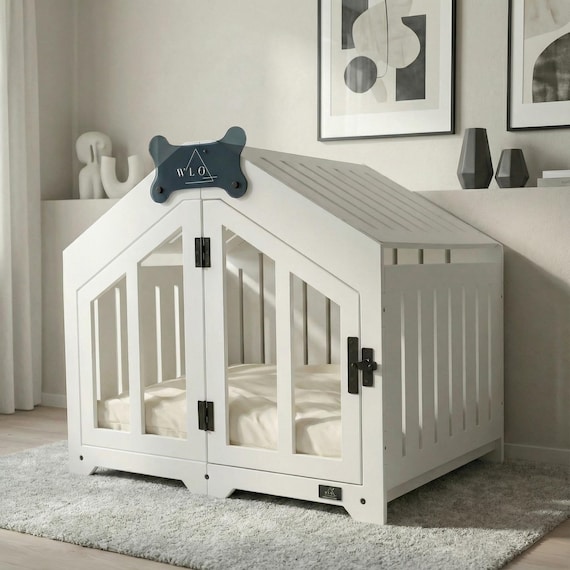 WLO® Pure White Gabled Dog Crate | Indoor & Patio Dog Kennel, Luxury Furniture
