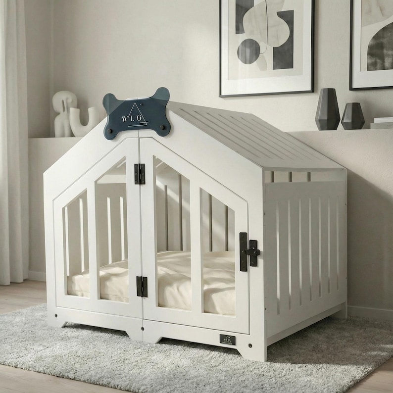 Pure White WLO gabled dog house styled in a bright, modern living room with natural light, soft neutral fabrics, and decorative ceramic pieces. The clean white wood-look composite finish and clear acrylic doors stand out against the warm interior.