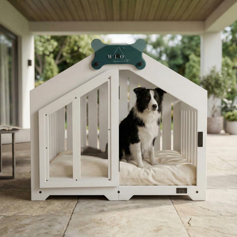 White dog house shown outdoors with a Border Collie relaxing on the cushioned interior. Ideal for indoor use or covered patios. This modern wooden dog crate provides comfort, durability, and a stylish architectural design. Perfect for small and medium breeds who enjoy fresh air and a cozy, safe resting space.