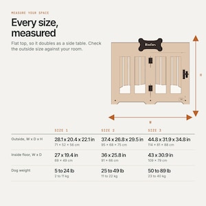WLO Pueblo dog crate size chart with outside and inside floor dimensions in inches and centimeters and the dog weight for Size 1, Size 2 and Size 3