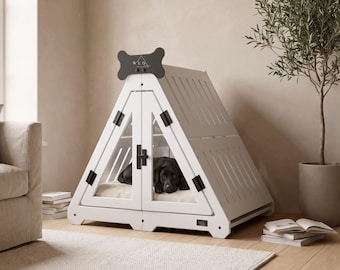 Dog Crate Furniture, A-Frame Indoor Dog House with Name Tag, White Lakota Dog Kennel, Small to Medium Dog Crate | WLO®