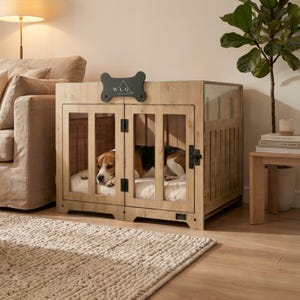 Dog Crate Furniture End Table, Modern Indoor Dog Kennel with Name Tag, Oak Pueblo Flat Top Dog House, Small to Large | WLO®