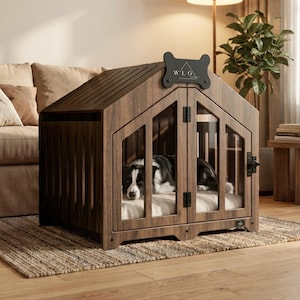 Dog Crate Furniture, Modern Indoor Dog House with Name Tag, Walnut Gabled Dog Kennel, Small to Large Dog Crate | WLO®