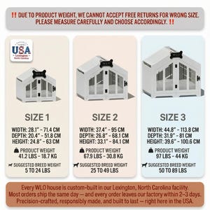 Infographic showing measurements for Size 1, Size 2, and Size 3 Pure White dog houses, including width, depth, height, product weight, and suggested breed weight ranges.