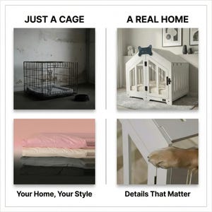 Comparison graphic showing a standard metal dog cage contrasted with the WLO Pure White modern dog house, emphasizing style difference, cushion options, and premium materials.
