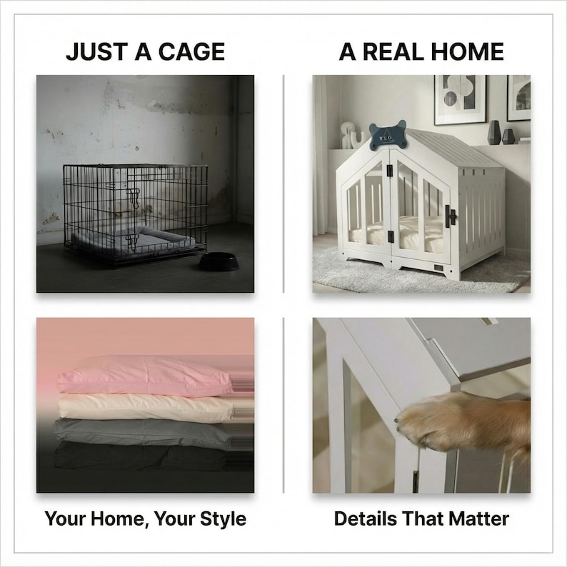 Comparison graphic showing a standard metal dog cage contrasted with the WLO Pure White modern dog house, emphasizing style difference, cushion options, and premium materials.
