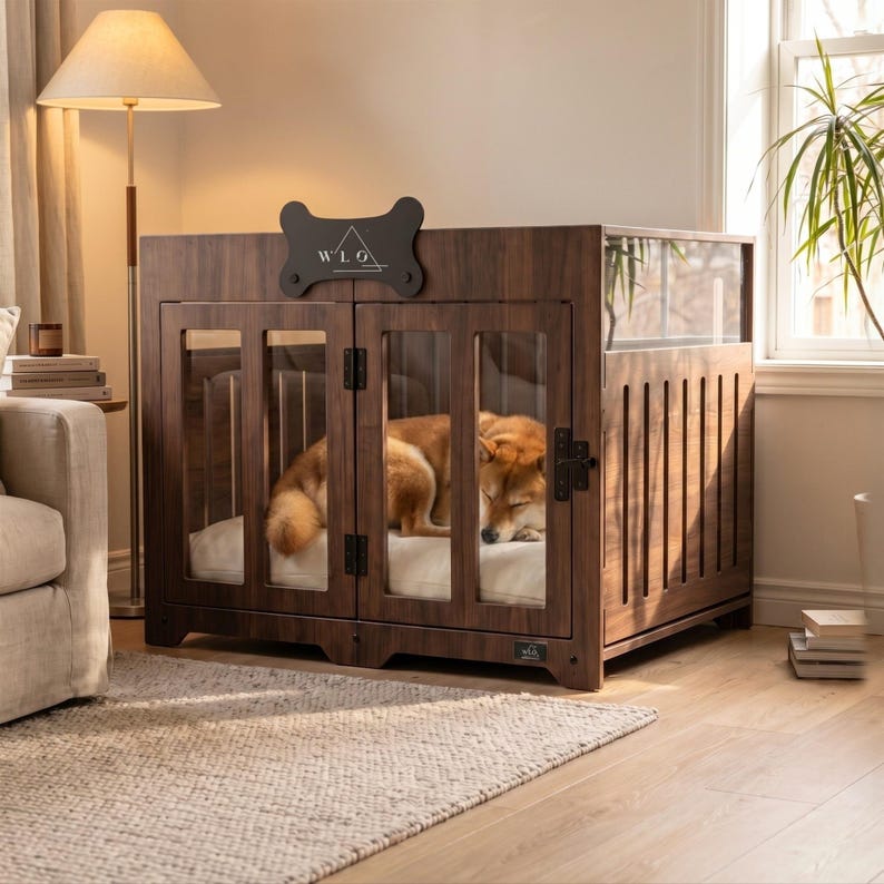 Classic Walnut WLO Pueblo dog crate furniture with a dog resting on the cushion inside, a modern indoor dog house styled in a cozy living room