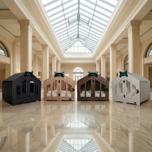 Full color collection of our modern indoor dog houses, shown in a premium architectural space. Available in black, natural, walnut, and white. Each wooden dog crate features clear panels, solid structure, and a cozy cushion. Designed as luxury pet furniture that blends with any décor. Perfect for small to medium dogs seeking comfort and a beautiful home sanctuary.