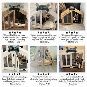 Real customer photos featuring our luxury indoor dog house. Loved by thousands of pet owners for its comfort, quality, and beautiful furniture-style design. This collage shows small and medium dogs enjoying their cozy WLO home. Authentic reviews highlight durability, craftsmanship, and stylish home décor fit. Perfect proof of why our dog crate is trusted in 50,000+ homes.