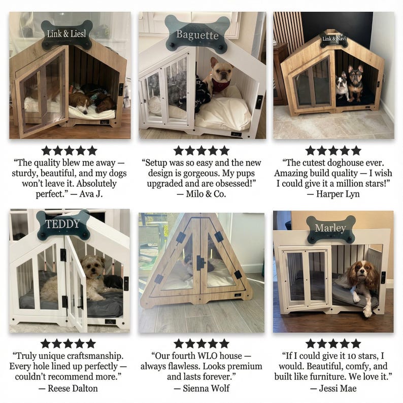 Real customer photos featuring our luxury indoor dog house. Loved by thousands of pet owners for its comfort, quality, and beautiful furniture-style design. This collage shows small and medium dogs enjoying their cozy WLO home. Authentic reviews highlight durability, craftsmanship, and stylish home décor fit. Perfect proof of why our dog crate is trusted in 50,000+ homes.